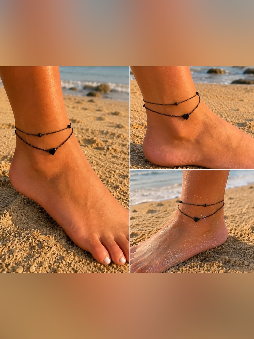 Black Heart Anklet Set Layered Ankle Bracelet Gothic Beach Anklet Adjustable